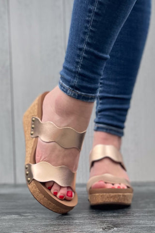 Corkys Footwear Obviously Scalloped Double Strap Wedges in Rose Gold