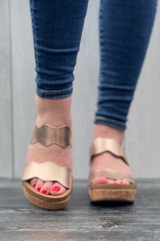 Corkys Footwear Obviously Scalloped Double Strap Wedges in Rose Gold