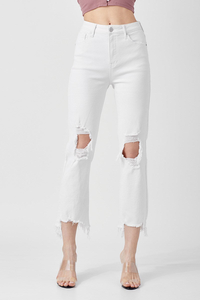 risen jeans high rise distressed straight leg crop jeans RDP5002 white –  rivers & roads boutique