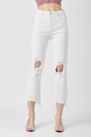 risen jeans high rise distressed straight leg crop jeans RDP5002 white