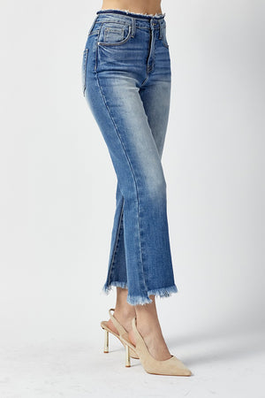risen high rise cropped flare frayed jeans in medium wash RDP5168