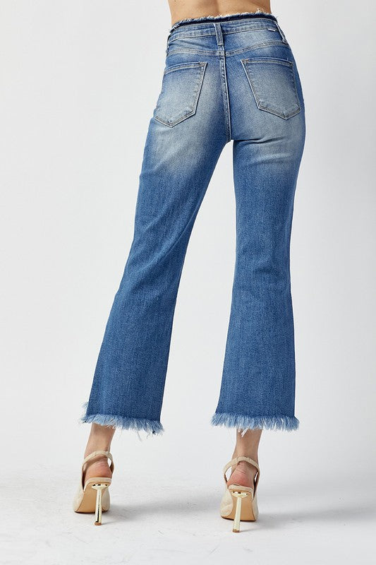 risen high rise cropped flare jeans in medium wash