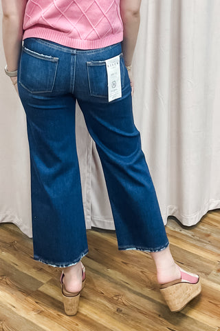 Risen Tummy Control High Rise Crop Wide Leg Jeans PWC21483 Dark Wash 4 Way Stretch