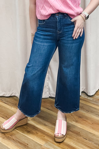 Risen Tummy Control High Rise Crop Wide Leg Jeans PWC21483 Dark Wash 4 Way Stretch