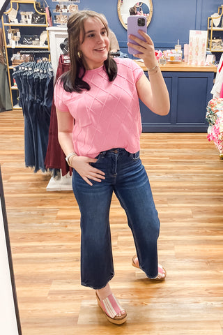 Risen Tummy Control High Rise Crop Wide Leg Jeans PWC21483 Dark Wash 4 Way Stretch