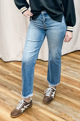 Risen High Rise Crop Straight Leg Jeans with Frayed Hem RDP5116SZ