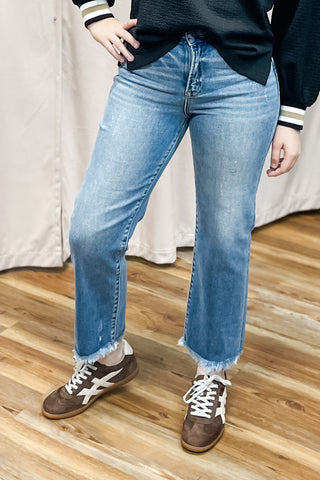 Risen High Rise Crop Straight Leg Jeans with Frayed Hem RDP5116SZ