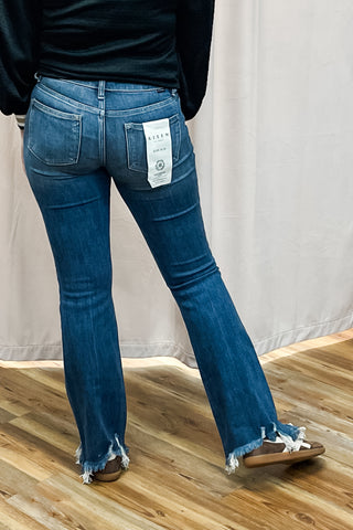 Risen Jeans Mid Rise Flare Denim with Frayed Hem Dark Wash RDP5836
