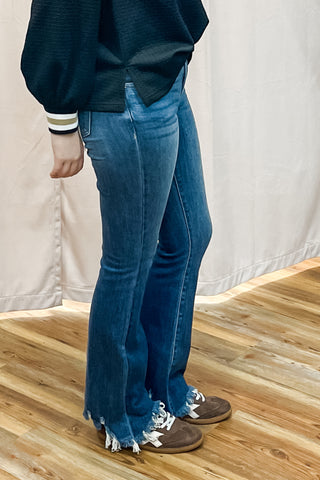 Risen Jeans Mid Rise Flare Denim with Frayed Hem Dark Wash RDP5836