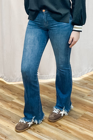 Risen Jeans Mid Rise Flare Denim with Frayed Hem Dark Wash RDP5836