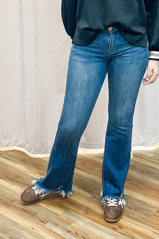 Risen Jeans Mid Rise Flare Denim with Frayed Hem Dark Wash RDP5836