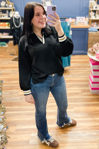 Risen Jeans Mid Rise Flare Denim with Frayed Hem Dark Wash RDP5836