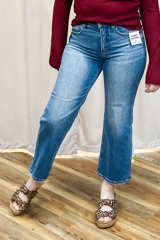 Risen Jeans Tummy Control Mid Rise Cropped Wide Leg Denim with Elastic Stretchy Waistband for comfort RDP5926