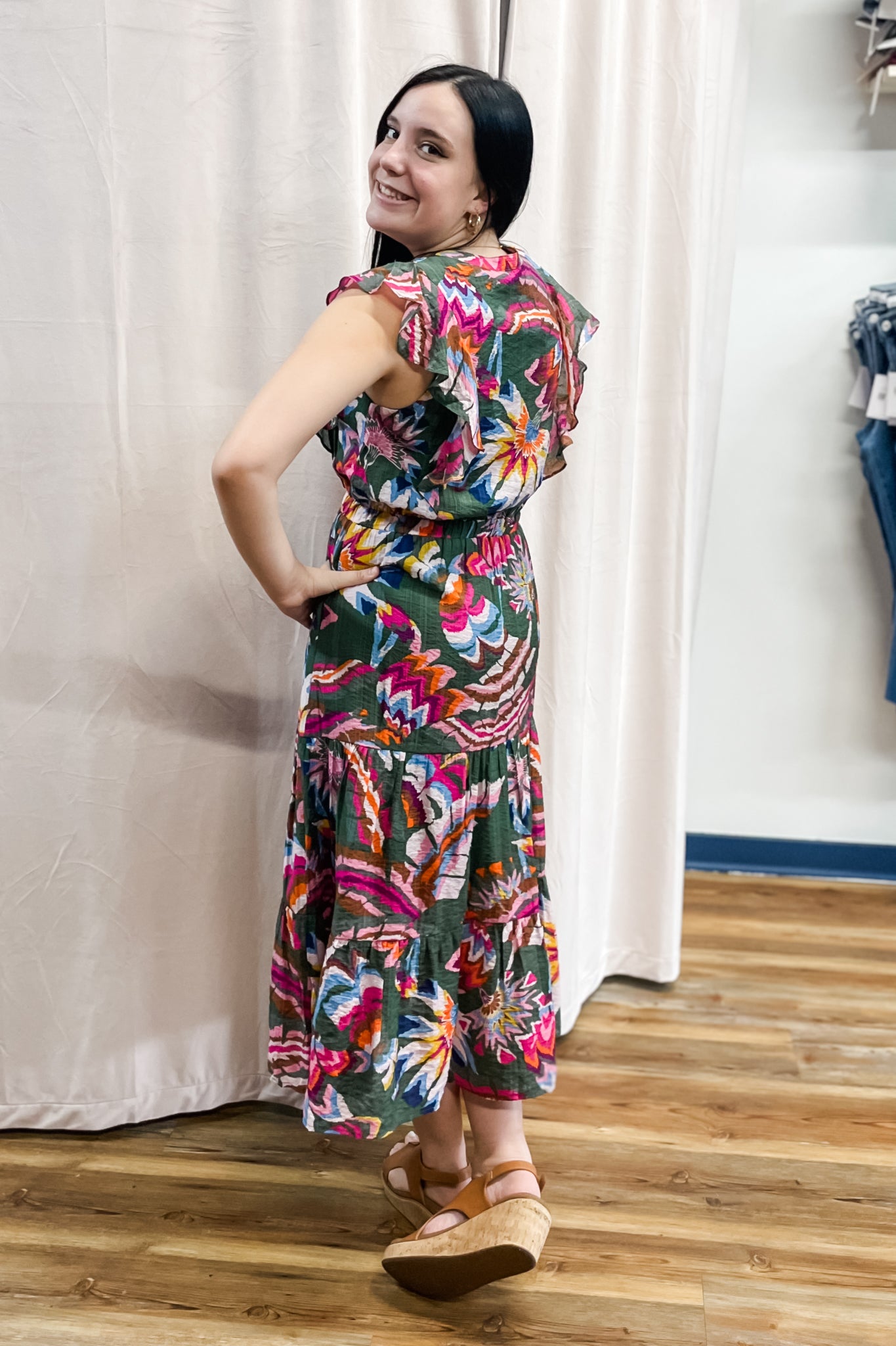 THML Green & Colorful Floral Print Midi Dress Flutter Sleeves Pleated rivers + roads boutique THML Green & Colorful Floral Print Midi Dress Flutter Sleeves Pleated rivers + roads boutique