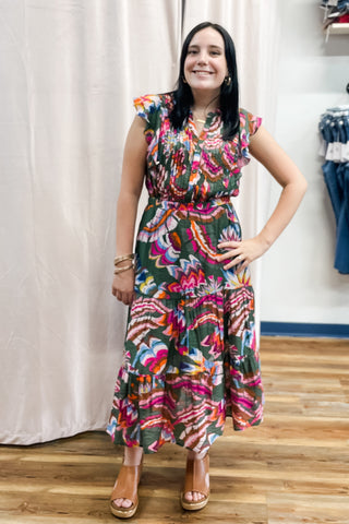 THML Green & Colorful Floral Print Midi Dress Flutter Sleeves Pleated BNT0026