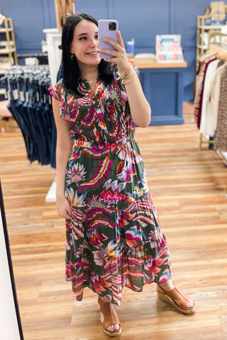 THML Green & Colorful Floral Print Midi Dress Flutter Sleeves Pleated BNT0026