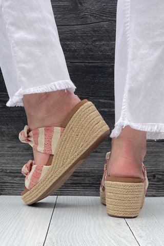 Corkys Footwear Tie the Knot Double Strap Espadrille Jute Wrapped Slide Wedges Red Natural Stripe for vacation and summer picnics giving nautical and patriotic vibes