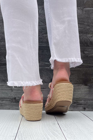 Corkys Footwear Tie the Knot Double Strap Espadrille Jute Wrapped Slide Wedges Red Natural Stripe for vacation and summer picnics giving nautical and patriotic vibes