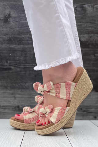 Corkys Footwear Tie the Knot Double Strap Espadrille Jute Wrapped Slide Wedges Red Natural Stripe for vacation and summer picnics giving nautical and patriotic vibes