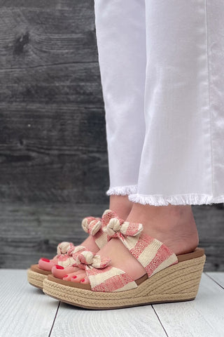 Corkys Footwear Tie the Knot Double Strap Espadrille Jute Wrapped Slide Wedges Red Natural Stripe for vacation and summer picnics giving nautical and patriotic vibes