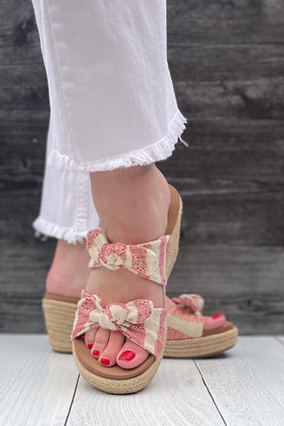 Corkys Footwear Tie the Knot Double Strap Espadrille Jute Wrapped Slide Wedges Red Natural Stripe for vacation and summer picnics giving nautical and patriotic vibes