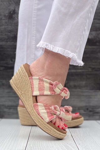 Corkys Footwear Tie the Knot Double Strap Espadrille Jute Wrapped Slide Wedges Red Natural Stripe for vacation and summer picnics giving nautical and patriotic vibes