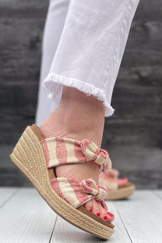 Corkys Footwear Tie the Knot Double Strap Espadrille Jute Wrapped Slide Wedges Red Natural Stripe for vacation and summer picnics giving nautical and patriotic vibes