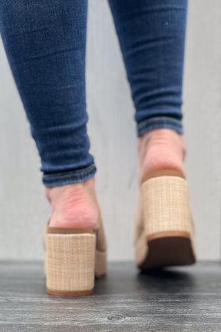 Corkys Footwear Totally Buggin Chunky Block Heel Platform Sandal in Raffia