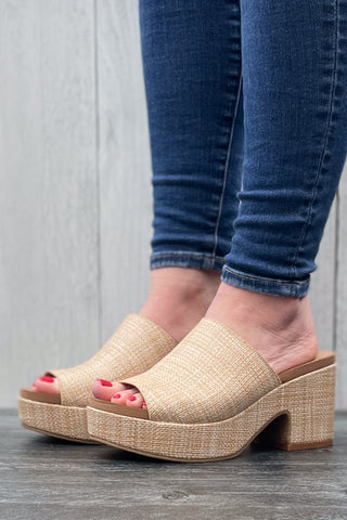 Corkys Footwear Totally Buggin Chunky Block Heel Platform Sandal in Raffia