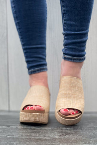 Corkys Footwear Totally Buggin Chunky Block Heel Platform Sandal in Raffia