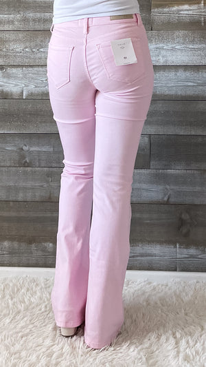 cello jeans strawberry cream mid rise flare jeans clean finished hem WV39229STC