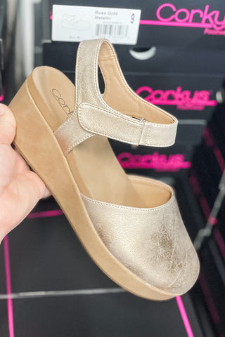 Corkys Footwear All In Mary Jane Style Closed Toe Clog Lower Wedge Heel in Rose Gold Fall Shoe
