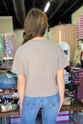 Back view of the How Ducky Are We crop tee, a plain mocha brown back with an oversized fit