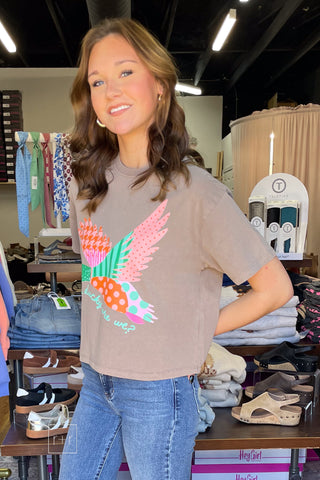 Angled front view of the How Ducky Are We crop tee showing the pink, orange, and mint patchwork duck print