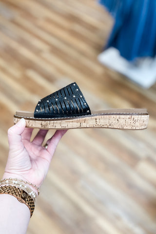 Corkys Footwear At Ease Black Low Wedge Slide Sandal