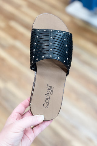 Corkys Footwear At Ease Black Low Wedge Slide Sandal