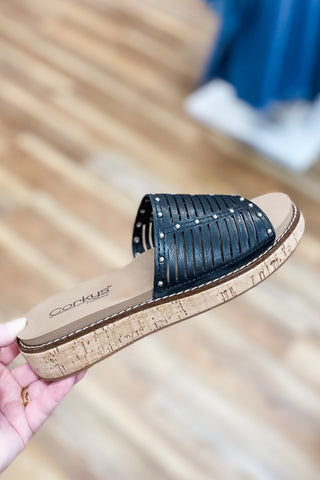 Corkys Footwear At Ease Black Low Wedge Slide Sandal