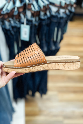 Corkys Footwear At Ease Cognac Low Wedge Slide Sandal