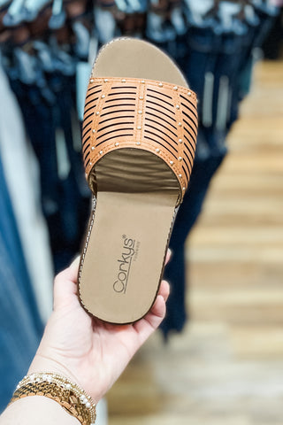 Corkys Footwear At Ease Cognac Low Wedge Slide Sandal