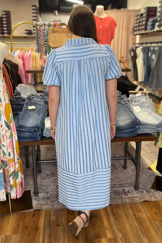 Umgee blue striped midi dress puff short sleeves caftan style C5868 back view