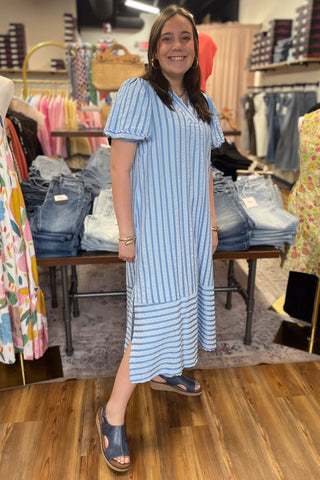 Umgee blue striped midi dress puff short sleeves caftan style C5868 side view