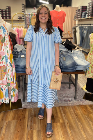 Umgee blue striped midi dress puff short sleeves caftan style C5868