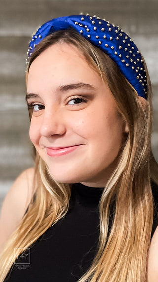 royal blue knotted fashion headband with gold ball studs