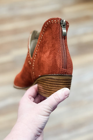 Corkys Bluffin Low Heeled Ankle Boot in Rust Faux Suede