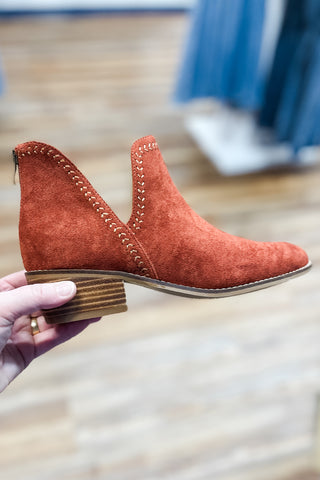 Corkys Bluffin Low Heeled Ankle Boot in Rust Faux Suede