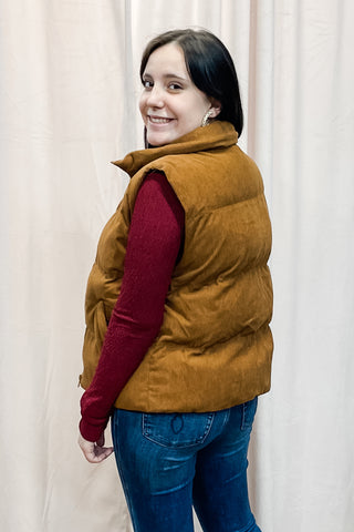 Bluivy camel corduroy quilted puffer zip up sleeveless vest