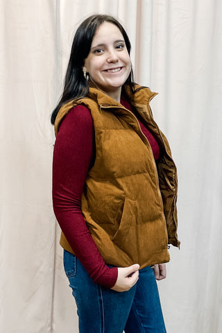Bluivy camel corduroy quilted puffer zip up sleeveless vest