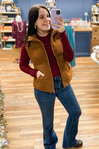 Bluivy camel corduroy quilted puffer zip up sleeveless vest