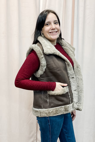 Bluivy Coco Brown Faux Suede Vest Faux Shearling Lined