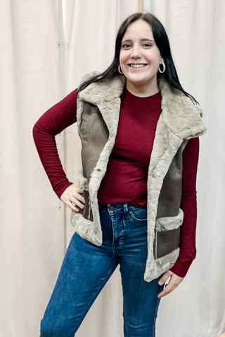 Bluivy Coco Brown Faux Suede Vest Faux Shearling Lined